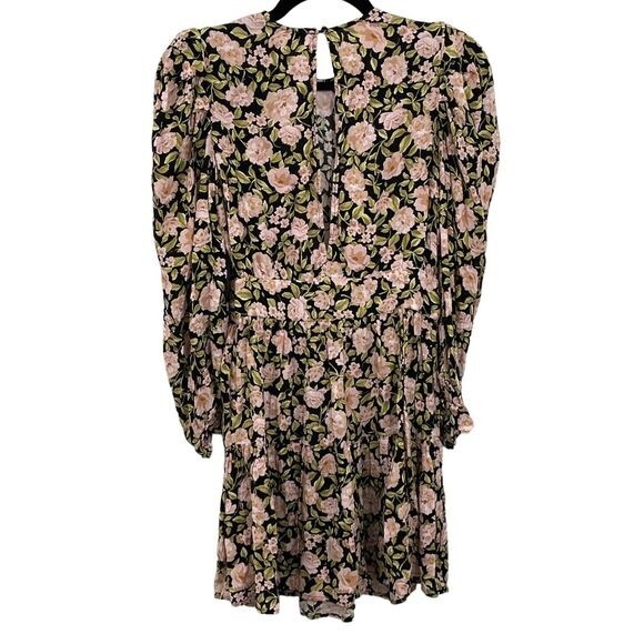 ZARA Women's Mini Dress Long Sleeve Tiered Ruffle Hem Floral Pink Black Small - Picture 2 of 7